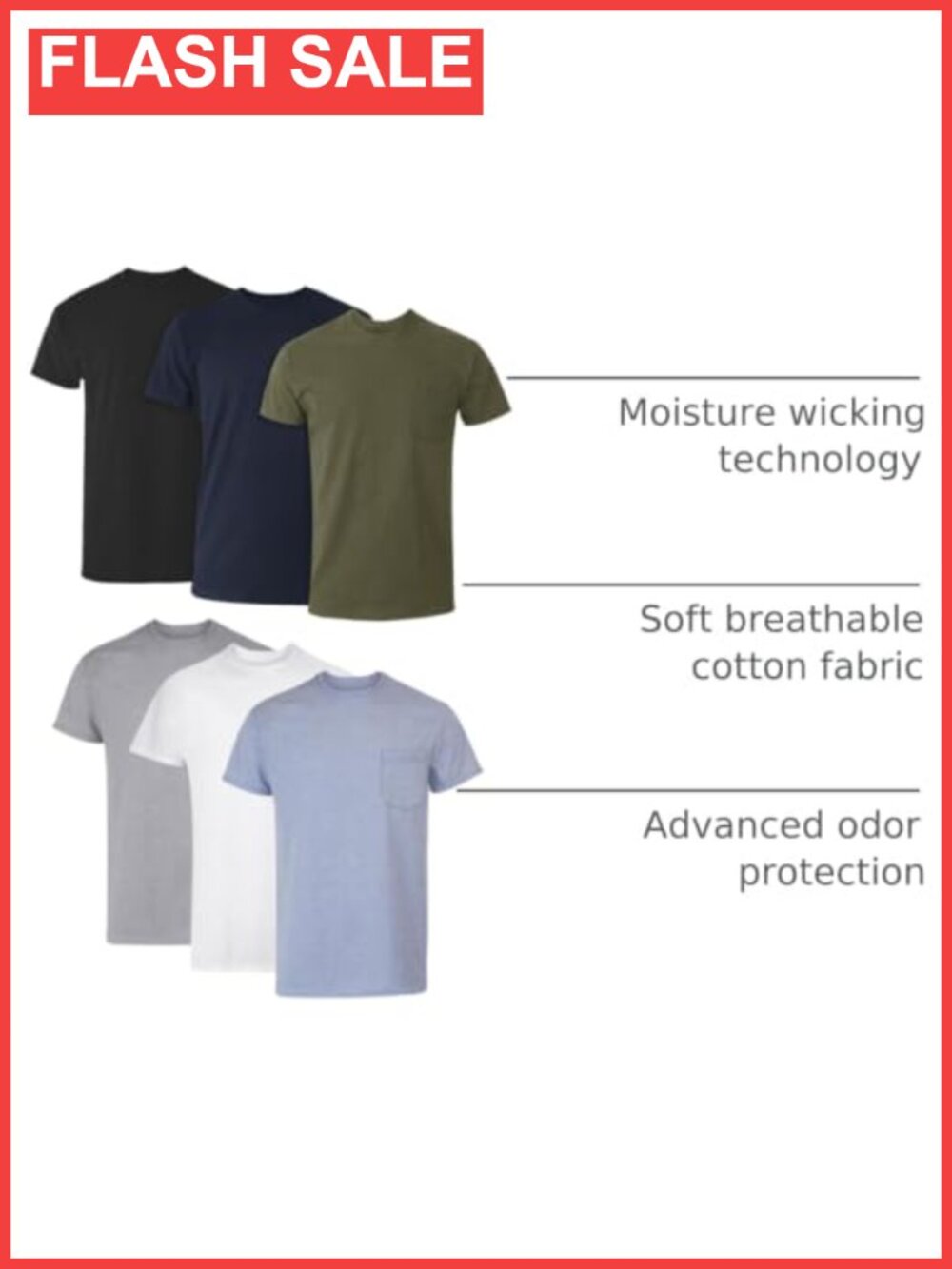 Men's Cotton Crewneck Pocket T-Shirts 6-Pack Moisture-Wicking Tees - Picture 3 of 6